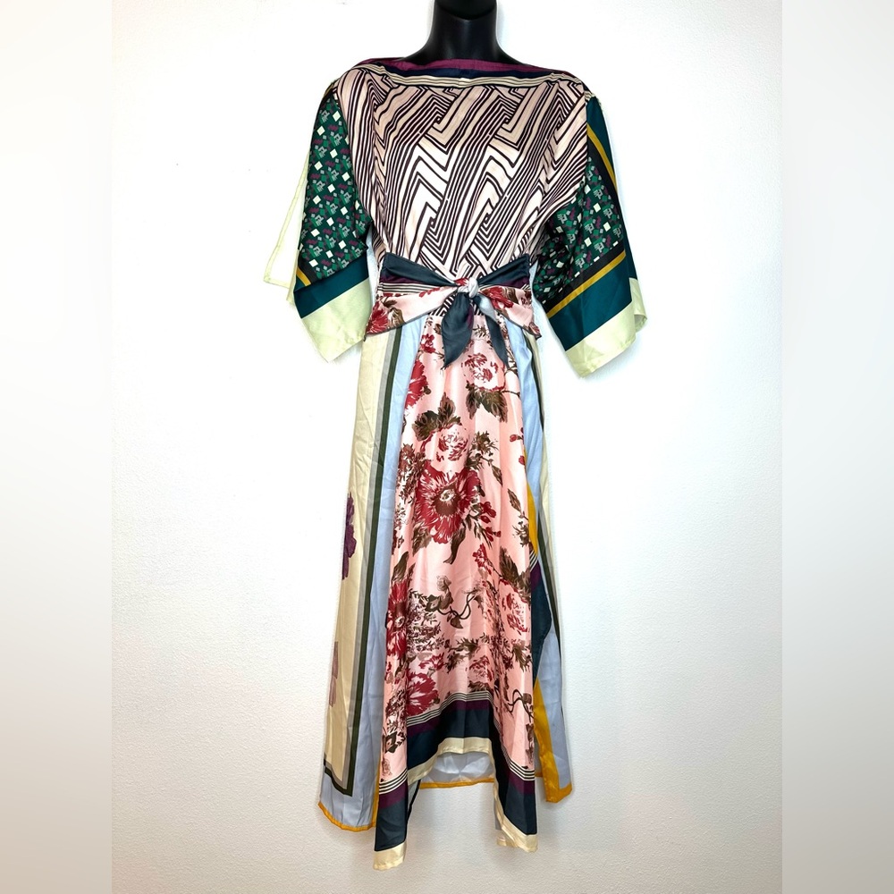 Pink Ripple Women’s Dress M Colorblock Boatneck Tie Waist Boho Hippie Colorful